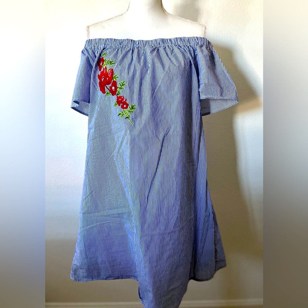 Off the Shoulder Womens Seersucker Striped Dress Blue White Coastal Large